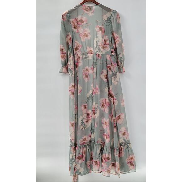 Express Wrap Dress Womens S/M Green Floral Watercolor Sheer Tiered Long Maxi - Picture 3 of 16